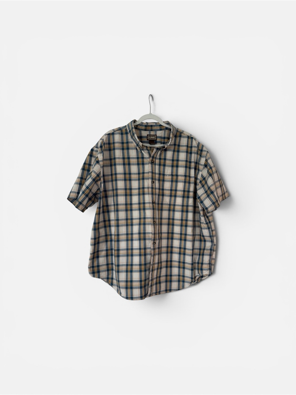 Casual Short-Sleeve Plaid Button-Down Shirt - Blue & Tan